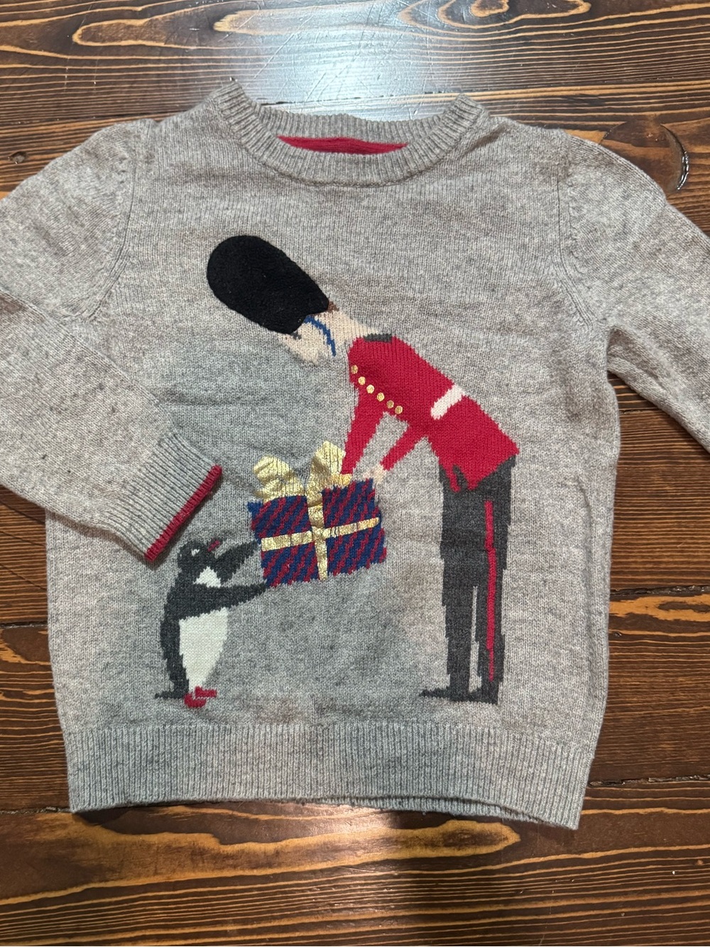 Mini Boden Grey Kids Sweater with Red Toy Soldier and Penguin Gift, size 4-5